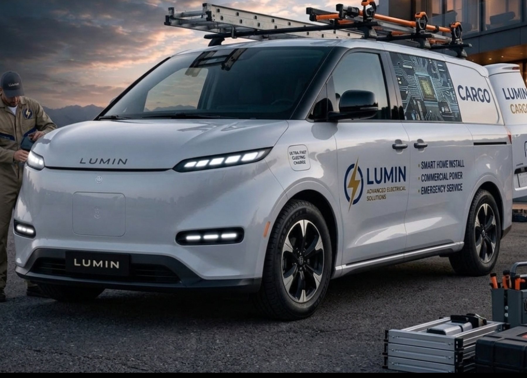 Lumin Cargo electric van with roof rack at a job site